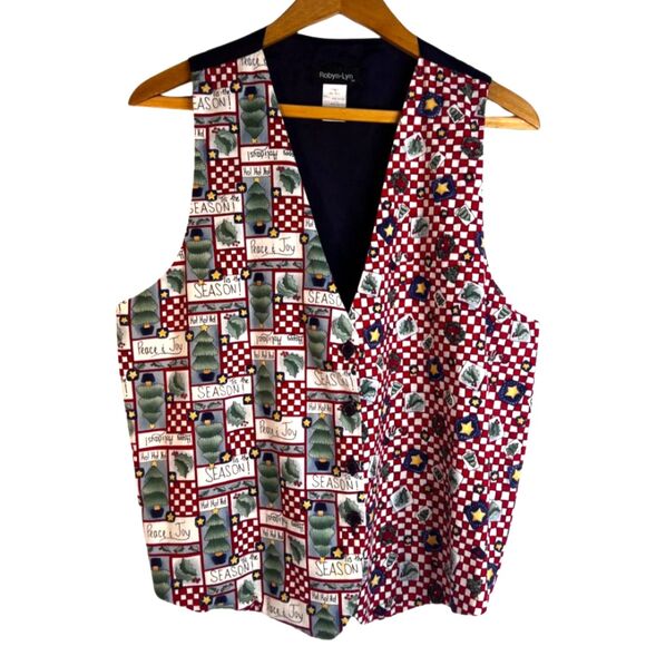 Robyn Lyn VTG Christmas VEST Mixed Print Happy Holidays Novelty Size L/XL Cotton - Picture 1 of 10